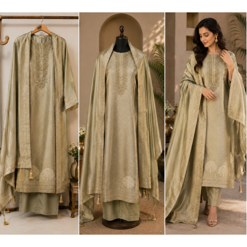 Muted Olive Green Jacquard Unstitched Luxury Boutique Suit Set with Designer Banarsi Dupatta Muted Olive Green Jacquard Unstitched Luxury Boutique Suit Set with Designer Banarsi Dupatta