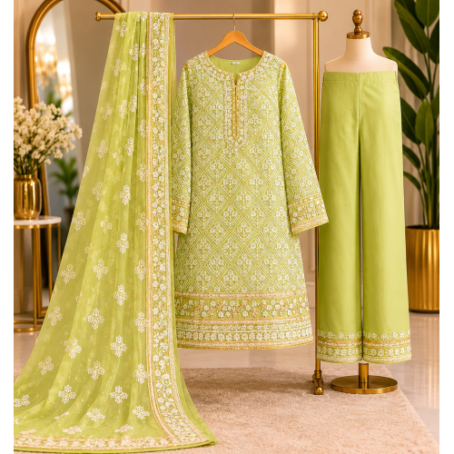 Elegant Pista Green Georgette Unstitched Luxury Boutique Suit Set with Designer Dupatta Elegant Pista Green Georgette Unstitched Luxury Boutique Suit Set with Designer Dupatta