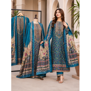 Regal Peacock Blue Maslin Unstitched Suit with Fancy Printed Maslin Dupatta