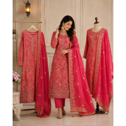 Premium Fuchsia Pink Crape Unstitched Luxury Boutique Suit Set with Barbari Brasso Dupatta Premium Fuchsia Pink Crape Unstitched Luxury Boutique Suit Set with Barbari Brasso Dupatta