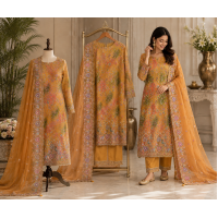 Festive Mustard Yellow Crape Unstitched Luxury Boutique Suit Set with Barbari Brasso Dupatta Festive Mustard Yellow Crape Unstitched Luxury Boutique Suit Set with Barbari Brasso Dupatta