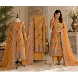 Festive Mustard Yellow Crape Unstitched Luxury Boutique Suit Set with Barbari Brasso Dupatta