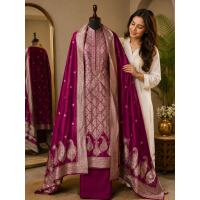 Premium Wine Red Jacquard Unstitched Boutique Suit Set with Designer Banarsi Dupatta Premium Wine Red Jacquard Unstitched Boutique Suit Set with Designer Banarsi Dupatta
