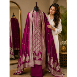 Premium Wine Red Jacquard Unstitched Boutique Suit Set with Designer Banarsi Dupatta Premium Wine Red Jacquard Unstitched Boutique Suit Set with Designer Banarsi Dupatta