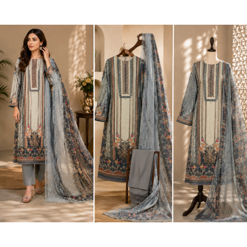 Veeran Fashions Pastel Grey Modal Cotton Unstitched Suit with Vintage Floral Prints and Printed Shiffon Dupatta