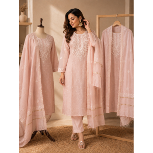 Pastel Blush Pink Mal Cotton Lakhnavi Chikankari Unstitched Boutique Suit Set