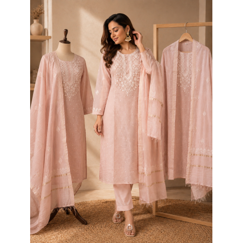 Pastel Blush Pink Mal Cotton Lakhnavi Chikankari Unstitched Boutique Suit Set Pastel Blush Pink Mal Cotton Lakhnavi Chikankari Unstitched Boutique Suit Set