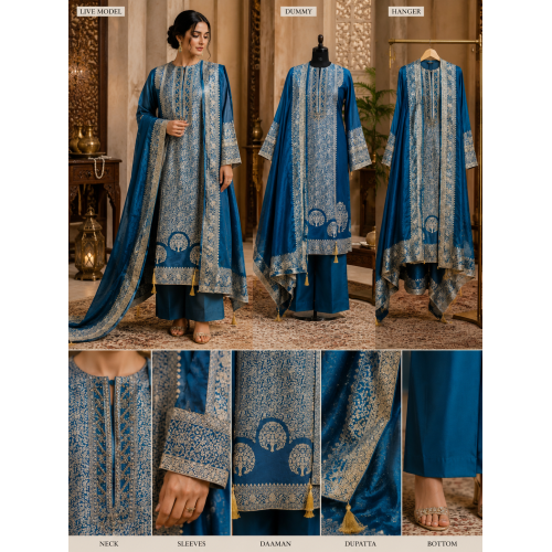 Royal Blue Jacquard Unstitched Luxury Boutique Suit Set with Designer Banarsi Dupatta Royal Blue Jacquard Unstitched Luxury Boutique Suit Set with Designer Banarsi Dupatta