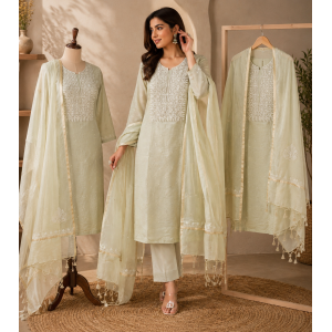 Pastel Sage Green Mal Cotton Lakhnavi Chikankari Unstitched Boutique Suit Set