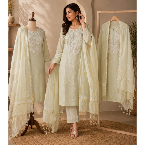 Pastel Sage Green Mal Cotton Lakhnavi Chikankari Unstitched Boutique Suit Set Pastel Sage Green Mal Cotton Lakhnavi Chikankari Unstitched Boutique Suit Set