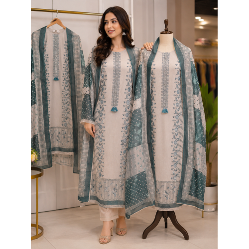 Veeran Fashions Elegant Grey & Teal Linen Unstitched Suit with Printed Fancy Dupatta Veeran Fashions Elegant Grey & Teal Linen Unstitched Suit with Printed Fancy Dupatta