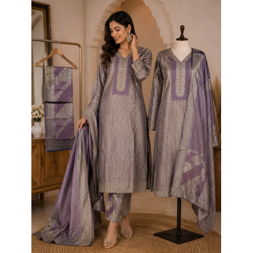 Veeran Fashions Lavender Banarasi Jacquard Unstitched Suit with Upada Silk Bottom Veeran Fashions Lavender Banarasi Jacquard Unstitched Suit with Upada Silk Bottom
