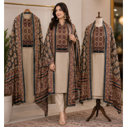 Veeran Fashions Beige Linen Unstitched Suit with Traditional Ajrakh Style Print & Fancy Dupatta Veeran Fashions Beige Linen Unstitched Suit with Traditional Ajrakh Style Print & Fancy Dupatta