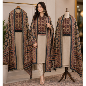 Veeran Fashions Beige Linen Unstitched Suit with Traditional Ajrakh Style Print & Fancy Dupatta Veeran Fashions Beige Linen Unstitched Suit with Traditional Ajrakh Style Print & Fancy Dupatta