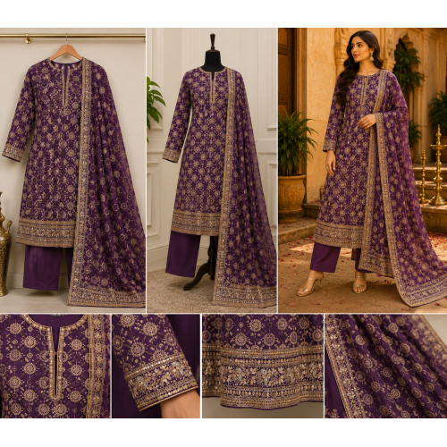Regal Purple Chenon Unstitched Boutique Suit with Opada Silk Bottom