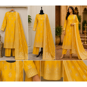 Mustard Yellow Banarasi Silk Unstitched Suit Set with Upada Silk Bottom