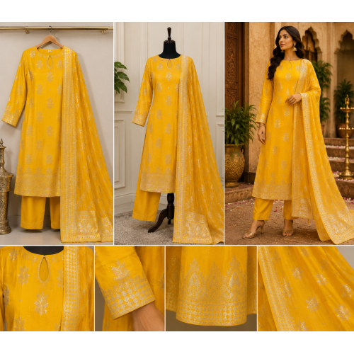 Mustard Yellow Banarasi Silk Unstitched Suit Set with Upada Silk Bottom Mustard Yellow Banarasi Silk Unstitched Suit Set with Upada Silk Bottom