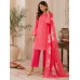 Vibrant Red Cotton Zig-Zag Unstitched Suit with Pure Chiffon Floral Dupatta