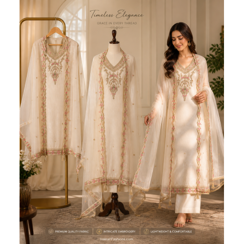 Veeran Fashions Ivory Shimmer Unstitched Boutique Fabric Suit Set Veeran Fashions Ivory Shimmer Unstitched Boutique Fabric Suit Set
