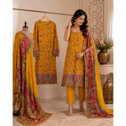 Mustard Floral Position Print Dola Silk Boutique Unstitched Suit Mustard Floral Position Print Dola Silk Boutique Unstitched Suit