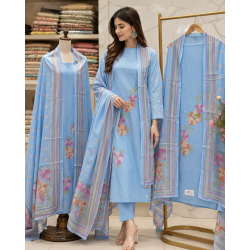 Sky Blue Floral Boutique Unstitched Cotton Suit with Lurex Stripes Sky Blue Floral Boutique Unstitched Cotton Suit with Lurex Stripes