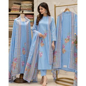 Sky Blue Floral Boutique Unstitched Cotton Suit with Lurex Stripes