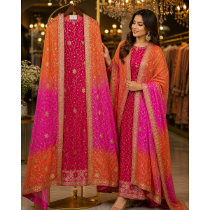Veeran Fashions Magenta & Orange Ombre Chinon Heavy Embroidered Suit