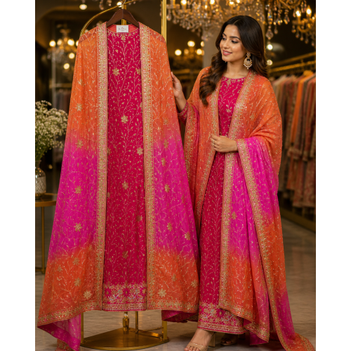 Veeran Fashions Magenta & Orange Ombre Chinon Heavy Embroidered Suit Veeran Fashions Magenta & Orange Ombre Chinon Heavy Embroidered Suit