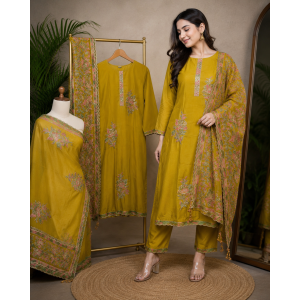 Veeran Fashions Elegant Mustard Floral Embroidered Barbari Silk unstitched Suit Set