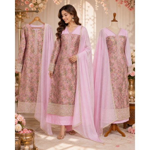 Veeran Fashions Pastel Pink Dola Jacquard Unstitched Boutique Suit Set