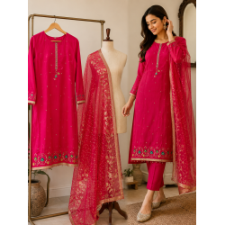 Veeran Fashions Rani Pink Embroidered Glass Silk unstitched Suit Set Veeran Fashions Rani Pink Embroidered Glass Silk unstitched Suit Set