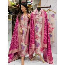 Pink Floral Shimmer Boutique Unstitched Suit with Banarasi Dupatta Pink Floral Shimmer Boutique Unstitched Suit with Banarasi Dupatta