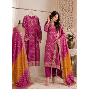Magenta Fancy Chinon Unstitched Boutique Suit with Contrast Shiffon Dupatta