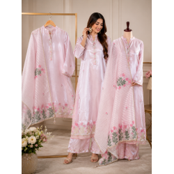 Veeran Fashions Pastel Pink Shimmer Unstitched Suit with Floral Embroidered Border and Organza Dupatta Veeran Fashions Pastel Pink Shimmer Unstitched Suit with Floral Embroidered Border and Organza Dupatta