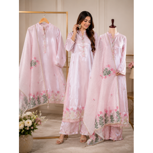 Veeran Fashions Pastel Pink Shimmer Unstitched Suit with Floral Embroidered Border and Organza Dupatta Veeran Fashions Pastel Pink Shimmer Unstitched Suit with Floral Embroidered Border and Organza Dupatta