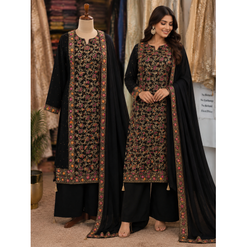 Veeran Fashions Jet Black Brocade Silk Unstitched Suit with Heavy Floral Embroidery and Upada Silk Bottom Veeran Fashions Jet Black Brocade Silk Unstitched Suit with Heavy Floral Embroidery and Upada Silk Bottom