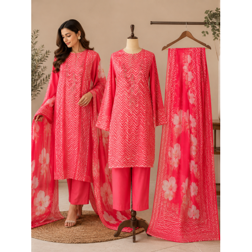 Vibrant Red Cotton Zig-Zag Unstitched Suit with Pure Chiffon Floral Dupatta