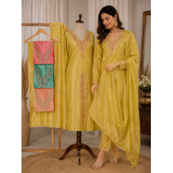 Veeran Fashions Premium Eri Silk Unstitched Suit with Hand-Embroidered Neckline and Upada Silk Bottom Veeran Fashions Premium Eri Silk Unstitched Suit with Hand-Embroidered Neckline and Upada Silk Bottom