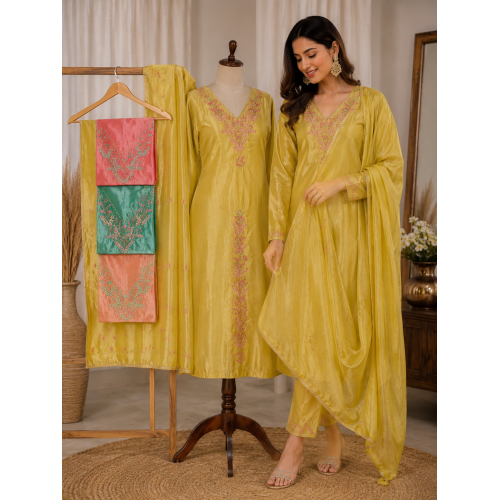 Veeran Fashions Premium Eri Silk Unstitched Suit with Hand-Embroidered Neckline and Upada Silk Bottom