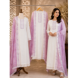 Veeran Fashions Pristine White Cotton Unstitched Suit with Lavender Embroidery and Lace Border Veeran Fashions Pristine White Cotton Unstitched Suit with Lavender Embroidery and Lace Border