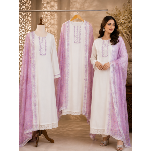 Veeran Fashions Pristine White Cotton Unstitched Suit with Lavender Embroidery and Lace Border