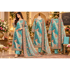Premium Turquoise Blue Crape Unstitched Suit with Multicolour Embroidery & Opada Bottom Premium Turquoise Blue Crape Unstitched Suit with Multicolour Embroidery & Opada Bottom