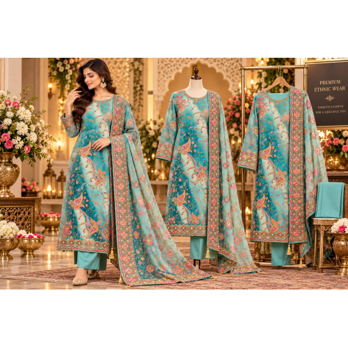 Premium Turquoise Blue Crape Unstitched Suit with Multicolour Embroidery & Opada Bottom Premium Turquoise Blue Crape Unstitched Suit with Multicolour Embroidery & Opada Bottom
