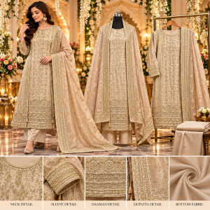 Luxury Champagne Gold Shimmer Unstitched Suit with Heavy Opada Work Dupatta | Veeran Fashions Luxury Champagne Gold Shimmer Unstitched Suit with Heavy Opada Work Dupatta | Veeran Fashions