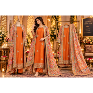 Royal Burnt Orange Crape Unstitched Suit with Multicolour Embroidered Dupatta Royal Burnt Orange Crape Unstitched Suit with Multicolour Embroidered Dupatta