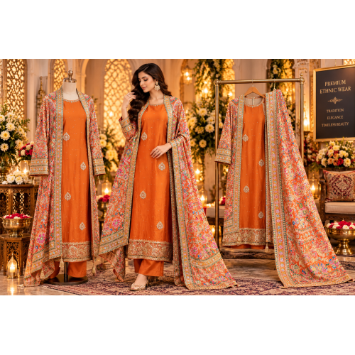 Royal Burnt Orange Crape Unstitched Suit with Multicolour Embroidered Dupatta Royal Burnt Orange Crape Unstitched Suit with Multicolour Embroidered Dupatta