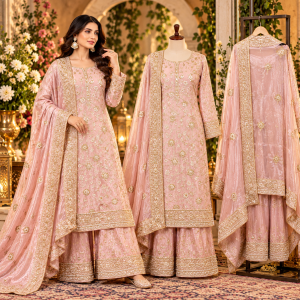 Luxury Blush Pink Shimmer Unstitched Suit with Heavy Opada Silk Bottom & Embroidered Dupatta Luxury Blush Pink Shimmer Unstitched Suit with Heavy Opada Silk Bottom & Embroidered Dupatta