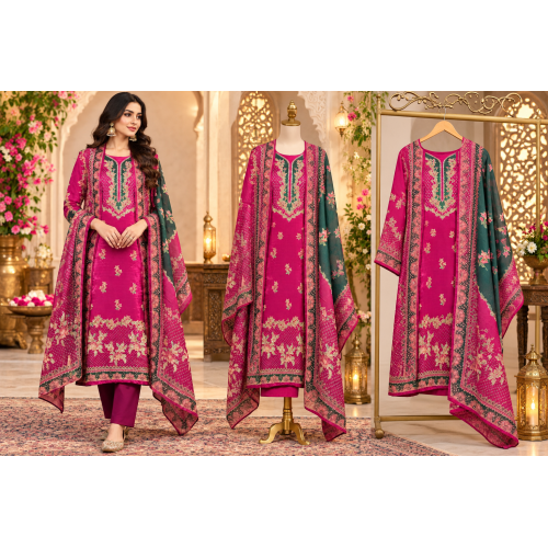Rani Pink Floral Embroidered Crape Unstitched Suit with Pure Georgette Dupatta Rani Pink Floral Embroidered Crape Unstitched Suit with Pure Georgette Dupatta
