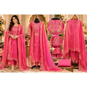 Rani Pink Shimmer Embroidered Unstitched Suit with Gotta Patti Work Rani Pink Shimmer Embroidered Unstitched Suit with Gotta Patti Work
