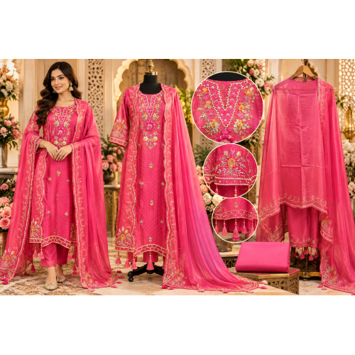 Rani Pink Shimmer Embroidered Unstitched Suit with Gotta Patti Work